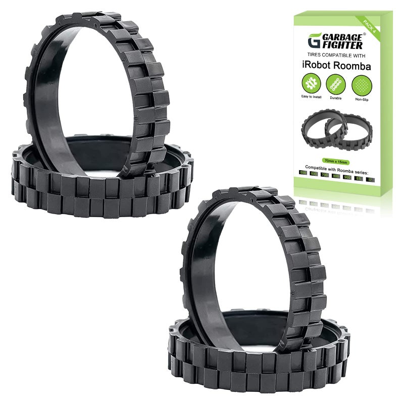 Garbage fighter إطارات مقاتلة القمامة لسلسلة عجلات IROBOT ROOMBA 500، 600، 700، 800 و900، e5، e6، i7، مضادة للانزلاق، التصاق رائع وسهل التجميع، استبدال العجلة لجميع موديلات رومبا (أسود 4 عبوات) - Image 1